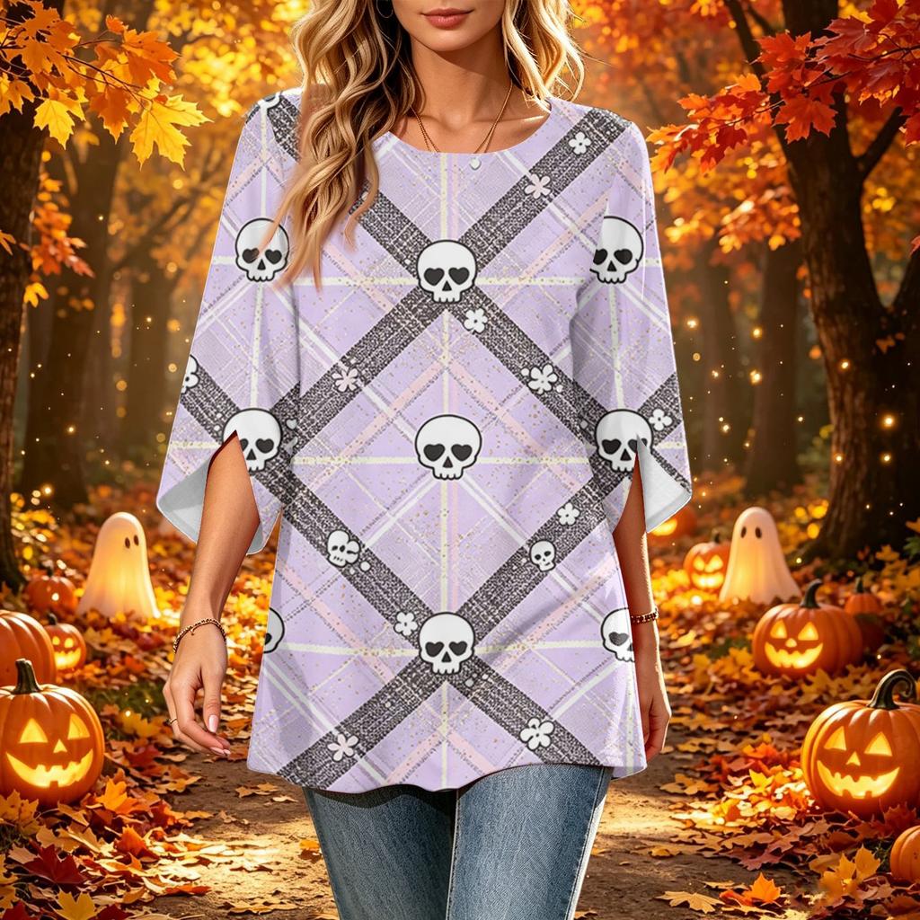 Women's Halloween Print Casual Top, Round Neck, Three-Quarter Sleeve, Loose Fit