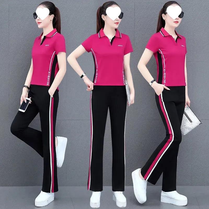 Módní Ležérní Dámský Letní Krátký Rukáv Kulatý Výstřih Lehký Set - Volný Střih pro Zeštíhlení, Dvoudílný Set