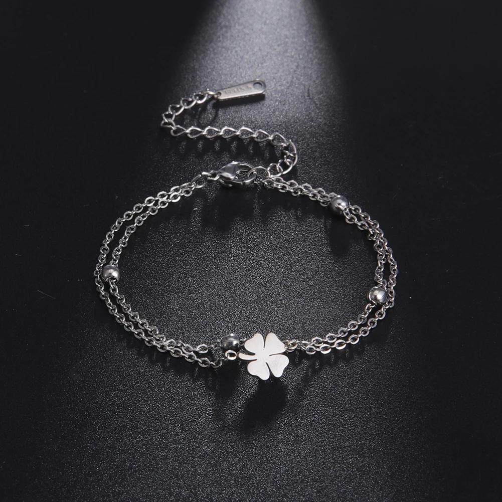 A Light Luxury and High-end Four Leaf Clover Double-layer Bracelet, Adorned with Lucky Grass Bracelets and Beads, A Versatile Accessory