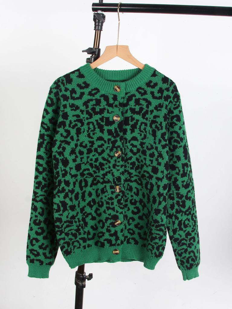 European and American new autumn and winter sweaters women's loose knitted round neck long-sleeved leopard print sweater cardigan jacket