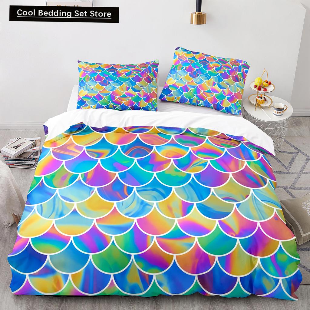 Mermaid Tail Duvet Cover King Queen Size Kids Fish Scales Bedding Set Girly Ocean Animal Princess 2/3pcs Polyester Quilt Cover