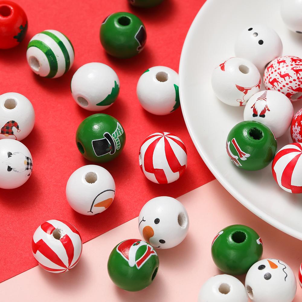 5/10Pcs Wooden Round Printed Beads Christmas Spacer Bead for DIY Bracelet Necklace Earrings Jewelry Making Accessories 16mm