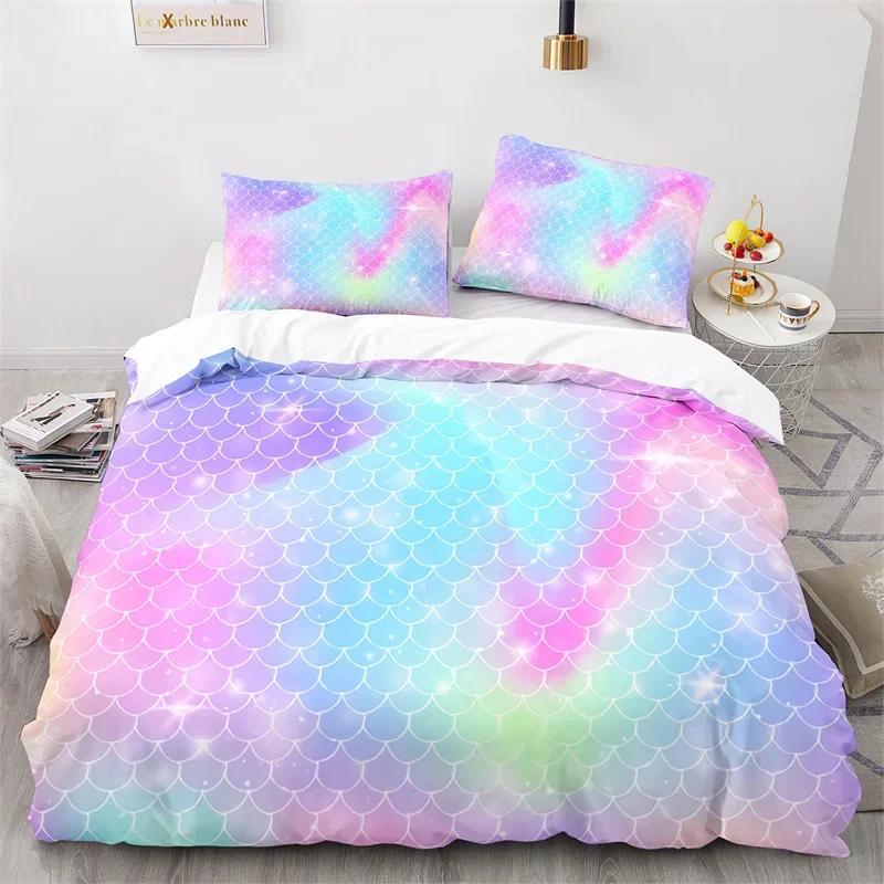Colorful Fish Scales Bedding Set Twin King For Kids Girl Blue Pink Mermaid Skin Surface Print Duvet Cover Polyester Quilt Cover