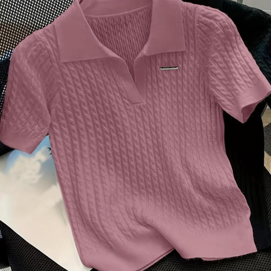 

Temperament Lapel Ice Silk Knit Top Летняя свободная тонкая футболка с короткими рукавами one size розовый