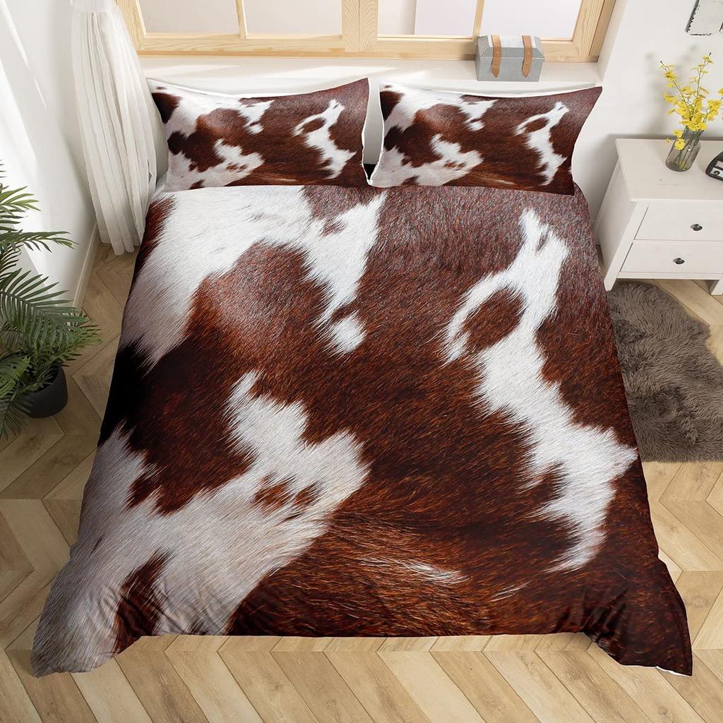 Cowhide King Queen Duvet Cover Patchwork Cow Fur Print Bedding Set Animal Quilt Cover Western Cowboy Polyester Comforter Cover
