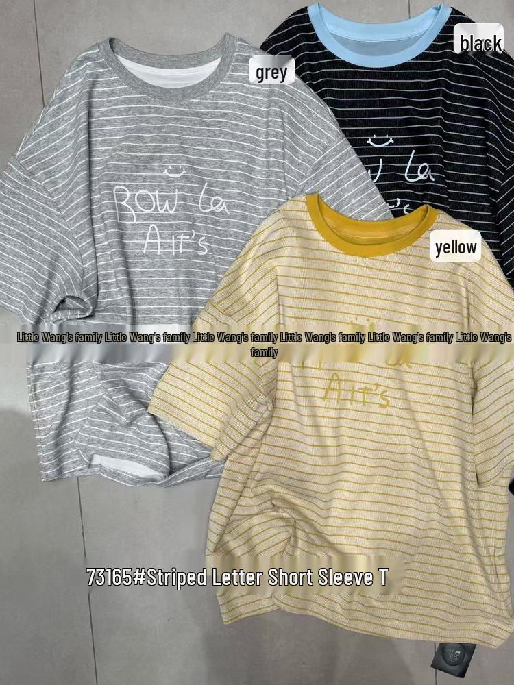 

Xiao Wang s Summer Loose Fit Plus Size Korean Style Letter Stripe T-Shirt One Size