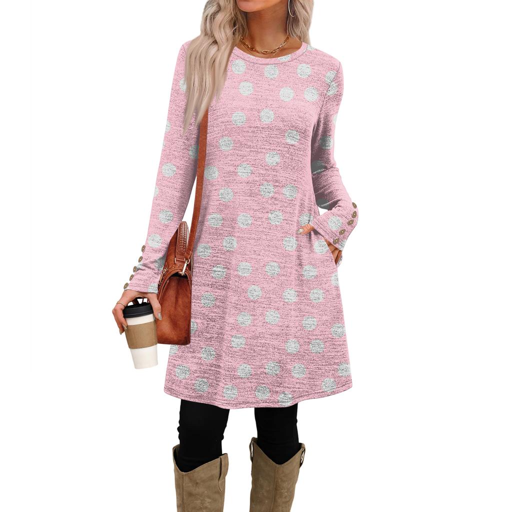 Women's Fashion Casual Dress With Pockets, Decorative Buttons, Polka Dot Prints, Round Neck And Long Sleeves