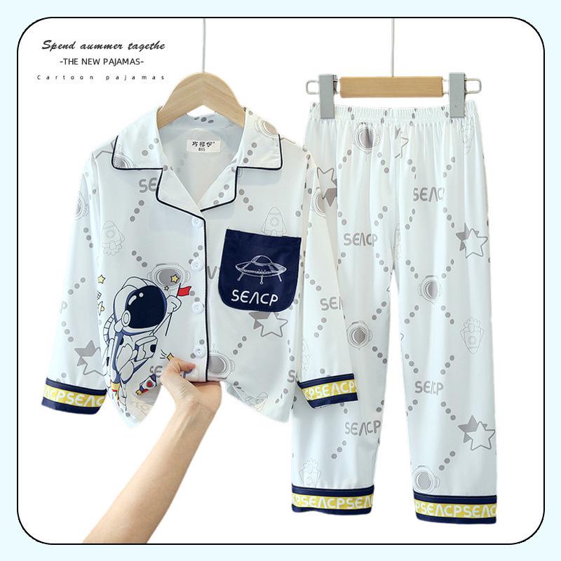 Children's Spring/Autumn Cartoon Print Pajamas, Long-Sleeve Cardigan Style for Boys and Girls