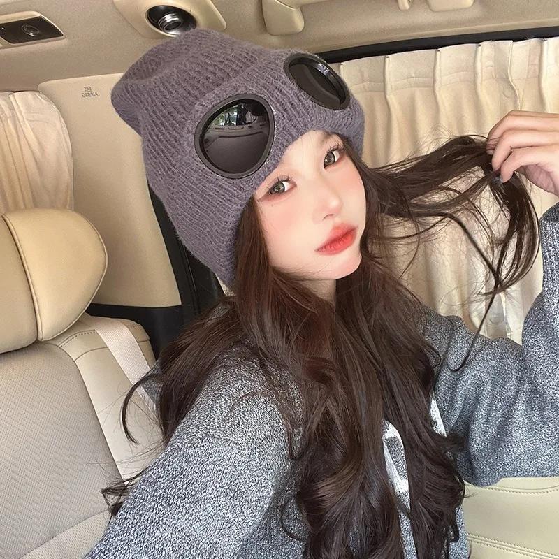 New Women Men Winter Windproof Glasses Knitted Beanie Hats Outdoor Ear Protection Sports Ski Cold Caps Thicken Skullies Beanies