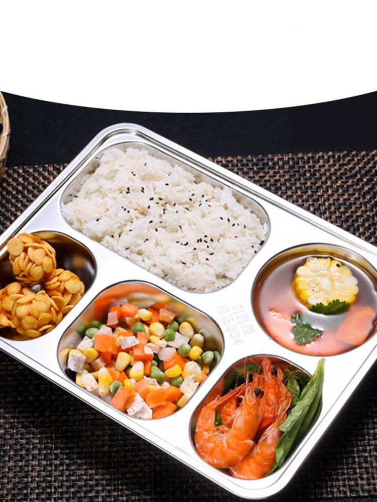 Stainless steel partitioned dinner plate, lunch and dinner tray with 5 compartments, children's student lunch box, divided lunch