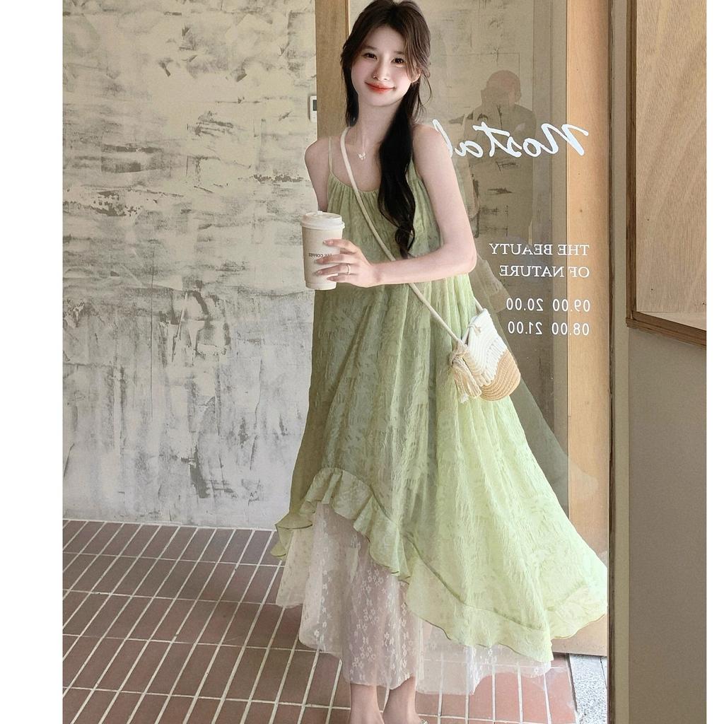 French 2026 printed chiffon summer splicing new seaside suspender holiday temperament irregular medium and long dress
