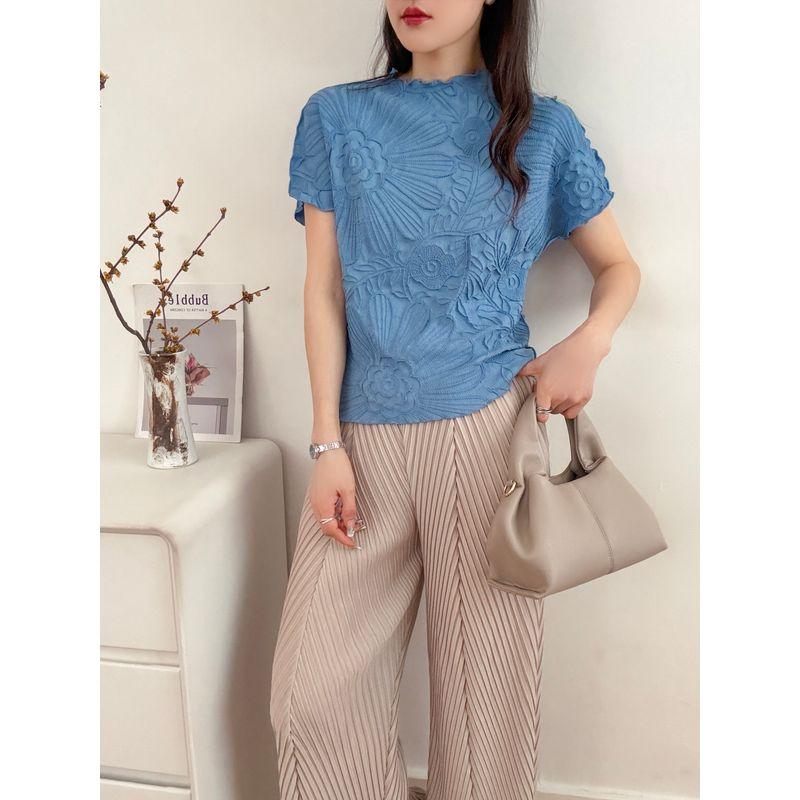 

ПОДСОЛНУХ Плиссированные Летние Топы с Круглым Вырезом и Коротким Рукавом Облегающего Кроя