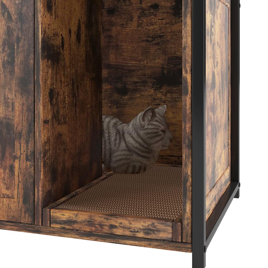 Large Cat Litter Box Enclosure with Storage Shelf, Wooden Cat House with Scratch Pad, Sturdy Indoor Pet Cabinet with 2 Doors for Odor Control, Brown