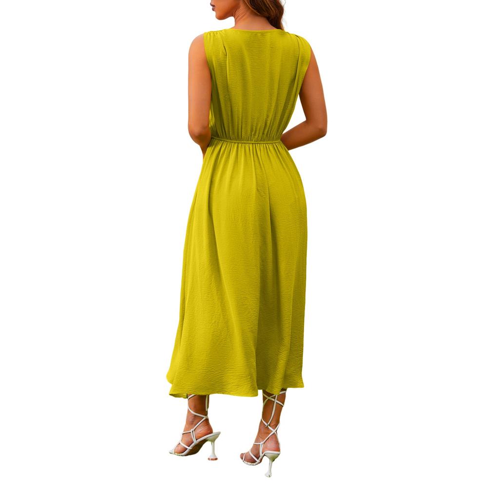Women's Fashion Dresses Color Waist Tie Long Sleeveless Dresses