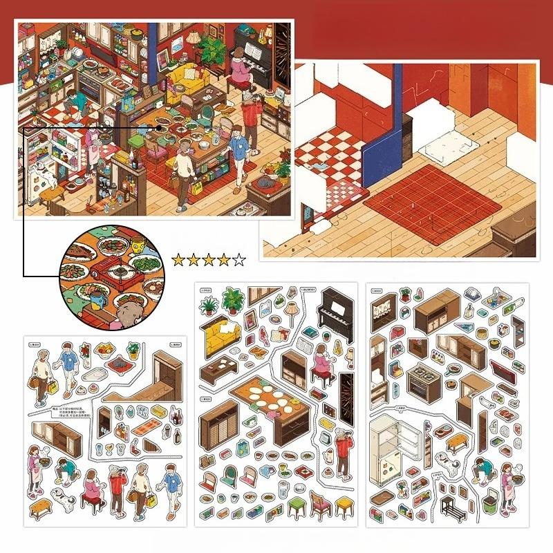 Kawaii Stay-at-Home Diary 3D Family Gathering Landscape Sticker DIY Pocket Cabin Scene Festival Gift