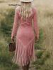 2025 Retro Western Slim-Fit Tassel Hem Cowboy Dress for Girls