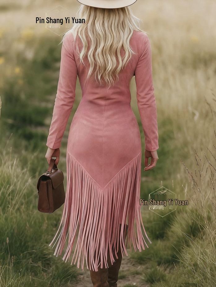 2025 Retro Western Slim-Fit Tassel Hem Cowboy Dress for Girls