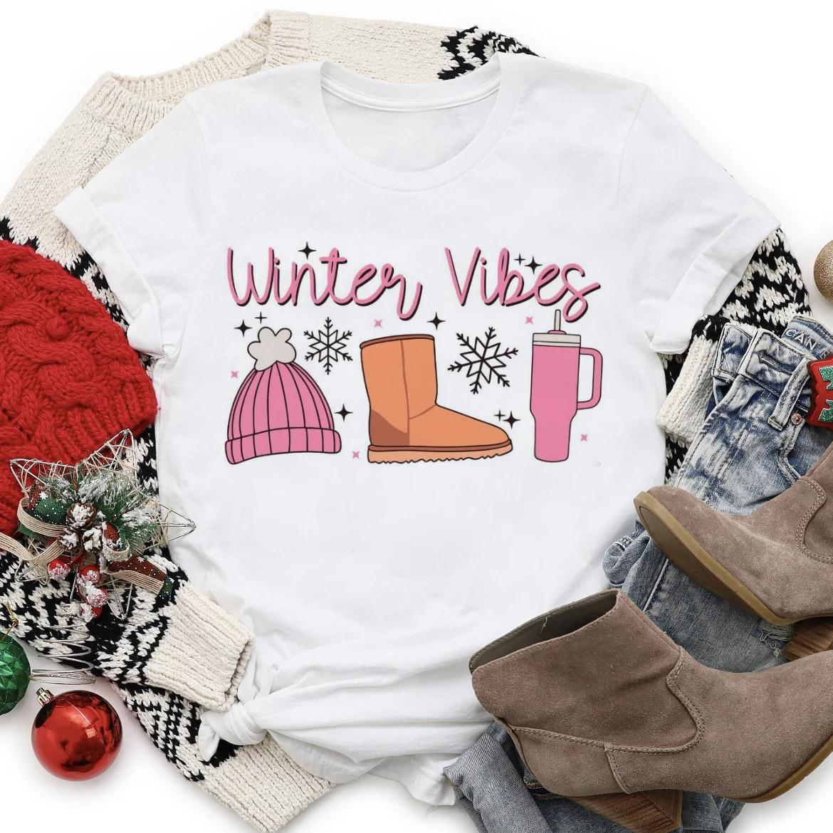 Christmas Pink Winter Atmosphere Cute Pattern Printed Casual Style Top Round Neck Cartoon Printed Sweet Tshirt S