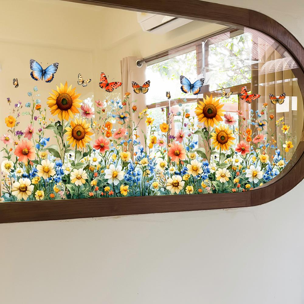 Painted Sunflower and Butterfly Balcony Glass Home Beautification and Decoration Static Electricity Window Stickers