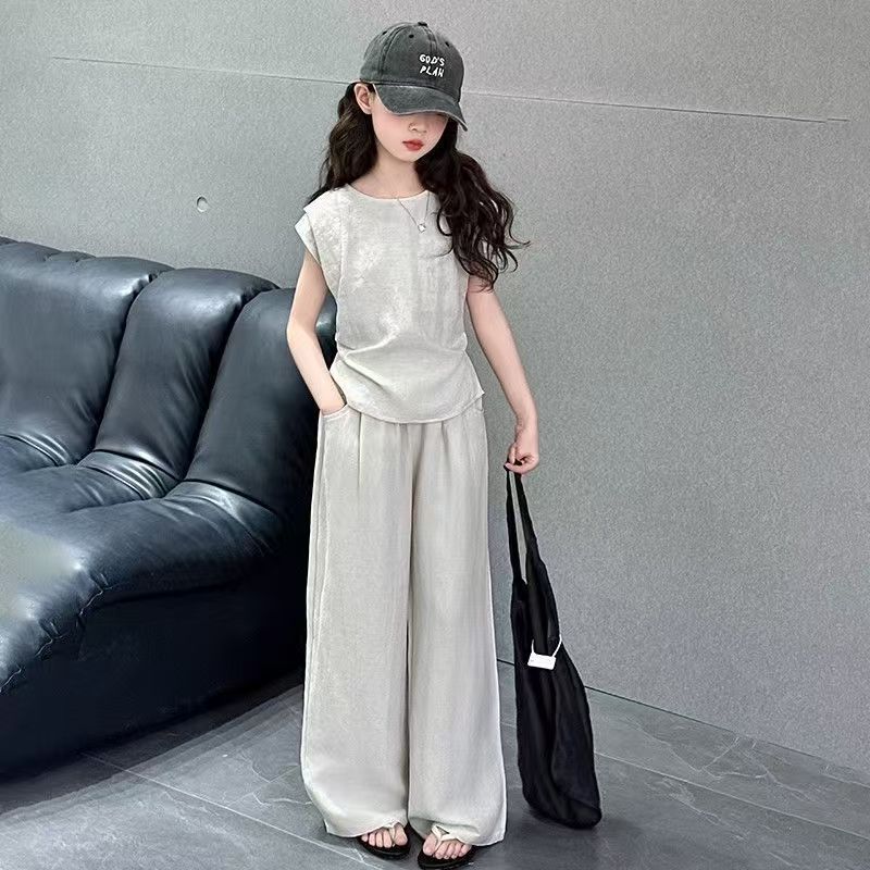 Girls' Summer Casual Set: Korean-Style Fitted Top and Relaxed-Fit Wide-Leg Pants (Oversized)