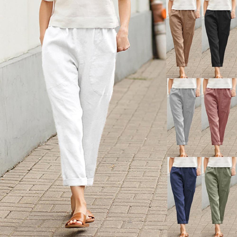 Women's Elastic Waist Straight Leg Linen Cotton Casual Pants Loose Fit Pocket Trousers
