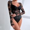 Summer Committee New Arrival Boutique Women's Clothing Low Cut U-Neck Long-Sleeved Perspective Sexy Hot Fashion Silm Fun Lace Jumpsuit