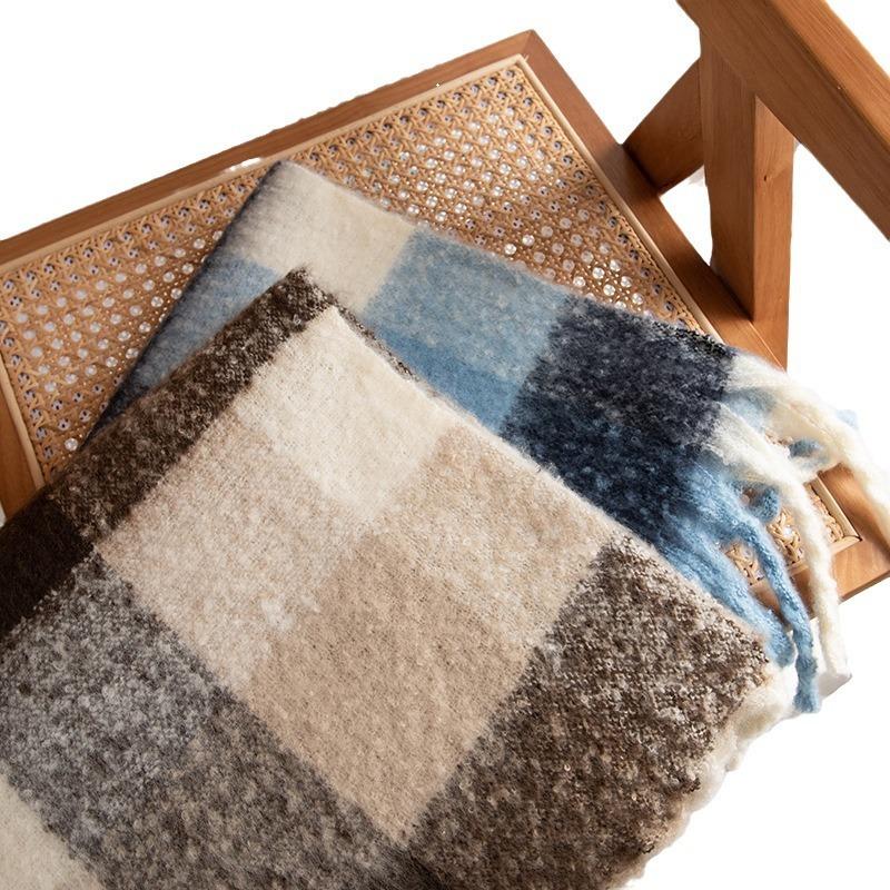 New Fluffy Big Pulled Hair Imitation Cashmere Plaid Printing Fringed Scarf High-end Women's Scarf Shawl