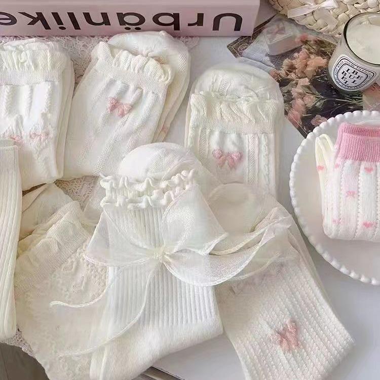 Women's Spring-Summer Ballet Bow Socks - Mid-Calf, Thin Slouch, White JK Style