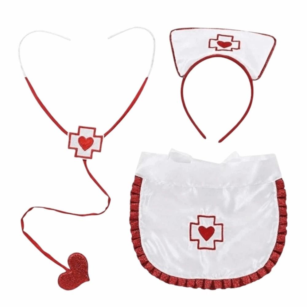 Red Cross with Heart Halloween Costume Set Ruffle Fringe Edge Nurse Headband Fancy Dress Cosplay Set