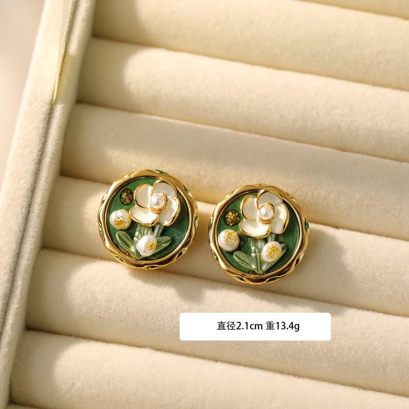 Handmade Baroque Pearl Earrings With Impressionist Garden Design Post Copper Base Matte Gold Green Finish