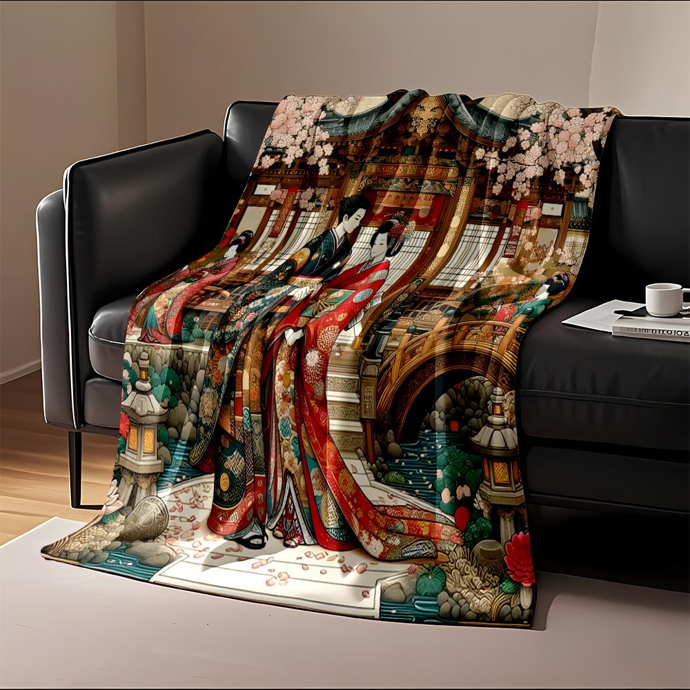 Traditional Japanese Couple in Kimono Design Flannel blanket for bedroom, living room, sofa, and nap sofas