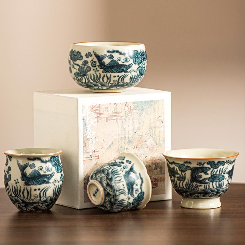 Hand Painted Ceramic Tea Cup Fish Algae Pattern Mouth Cup Chinese The Ancients Household Kung Fu Tea Cup Set Teaware Ceremony