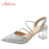 Fashion Aphixta 6cm Transparen Square Heels Sandals Women Pointed Toe Crystals Heel Women Outside Sippers Shoes Slides Big Size 42
