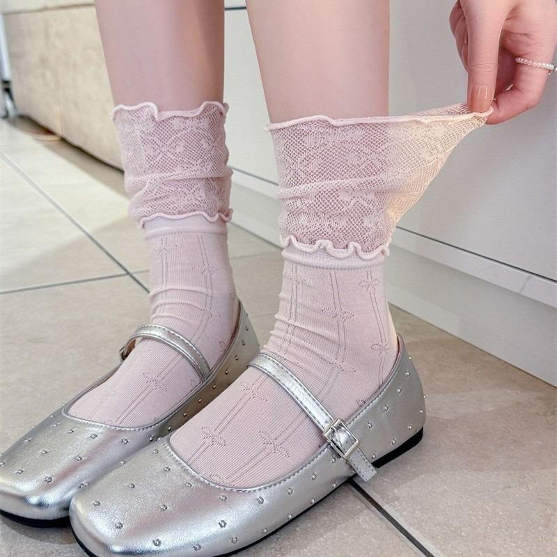 Ballet-style Double-layer Wooden Ear Cuff Children's Summer Lightweight Mesh Breathable Solid-color Pile-up Socks