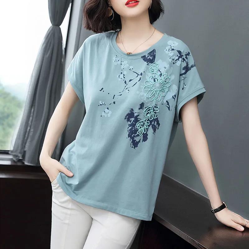 Women's Summer Floral Print Short-Sleeve T-Shirt Round Neck Loose Fit Plus Size Top