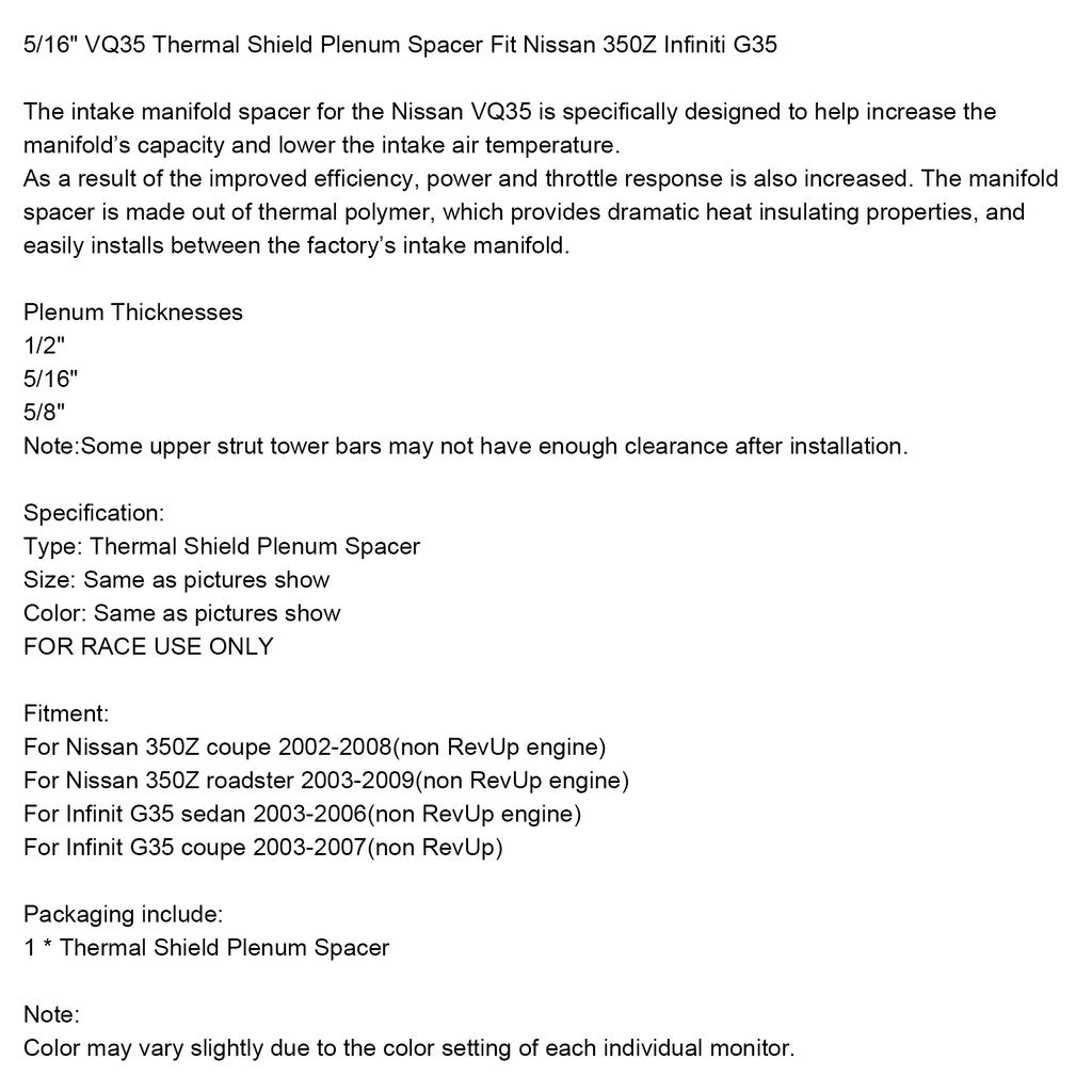 5/16" VQ35 Thermal Shield Plenum Spacer Fit Nissan 350Z Infiniti G35