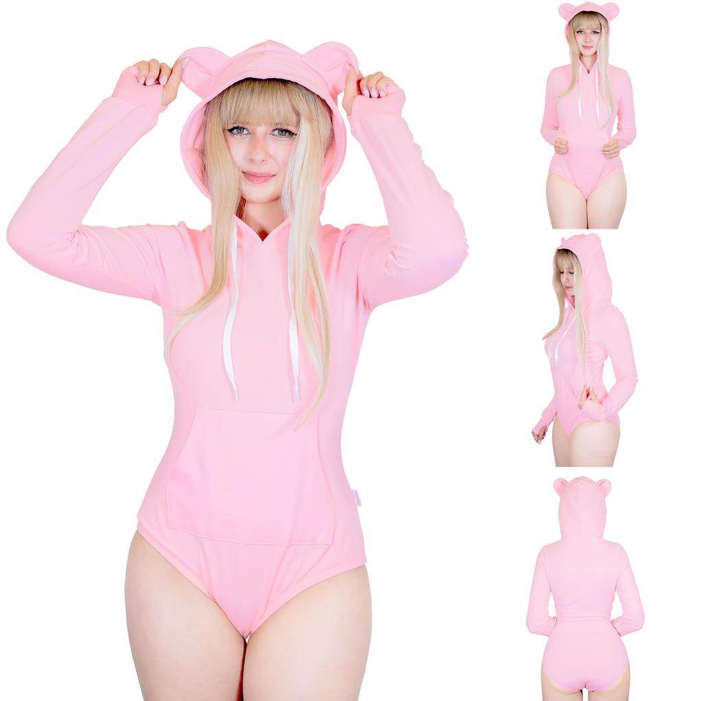 LittleForBig Cute Cotton Pajamas Hoodie with Fluffy Bear Long Size L Women's Design, Sleeves, Pink,