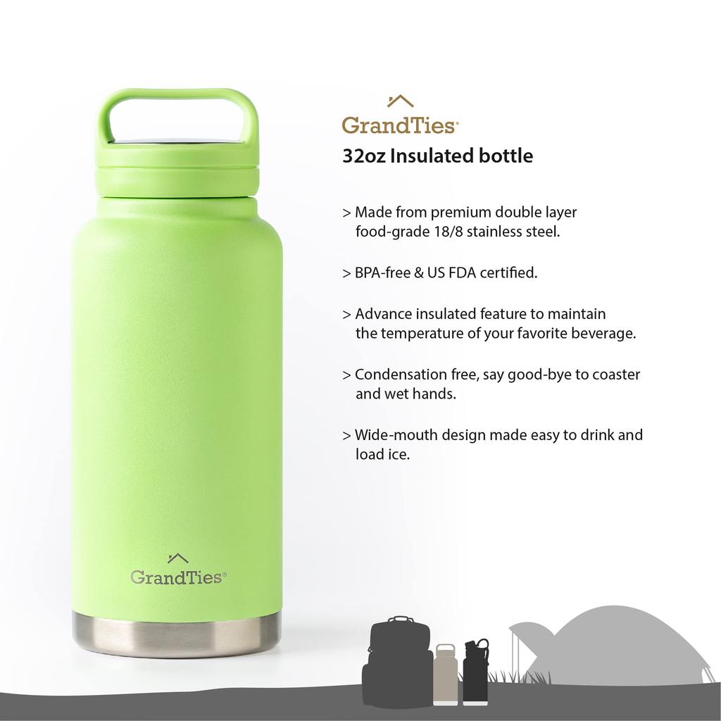 GRANDTIES Premium Vacuum Insulated Stainless Steel Wide Mouth Water Available In 9 Includes Two Lids Large Easy To Add Ice Bottle, 946ml, Colors, &