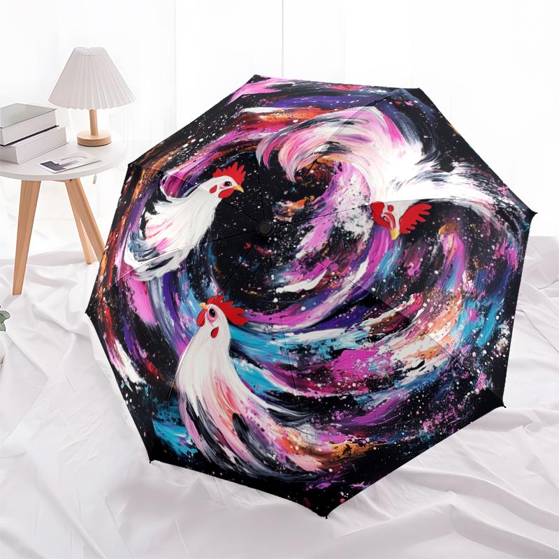 Rooster pattern, automatic folding umbrella, portable and foldable design, 8 ribs, a Christmas or birthday gift.