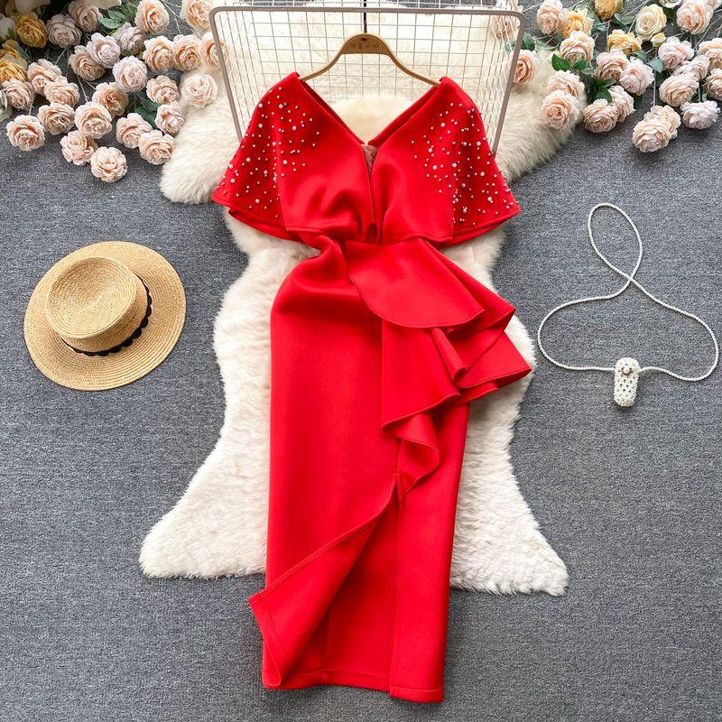 

Accessible Luxury Socialite Evening Party Dress Beaded V-neck Dress Red L