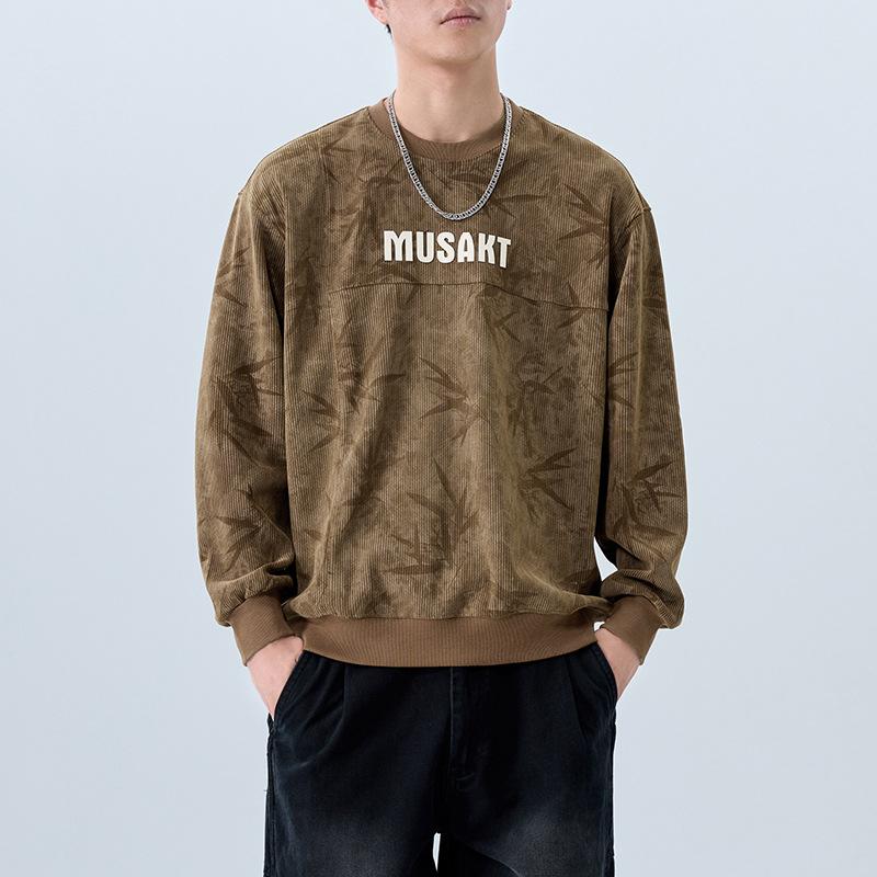 American Retro Heavy Crew Neck Sweater Men'S Loose Texture Printing And Dyeing Casual Top Trendy Men'S Clothes