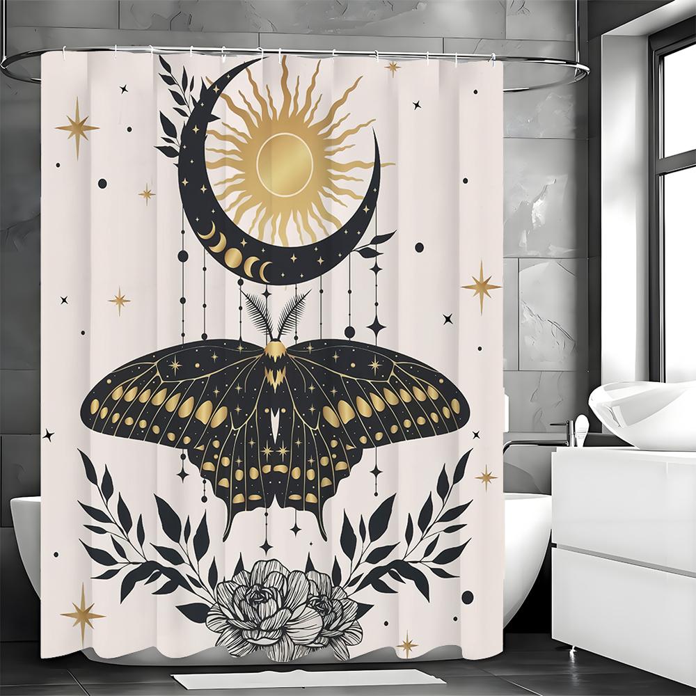 Moon Phase Butterfly Moth Witch Vintage Gothic Shower Curtain, Bathroom Decorative Shower Curtain, Waterproof Shower Curtain wit