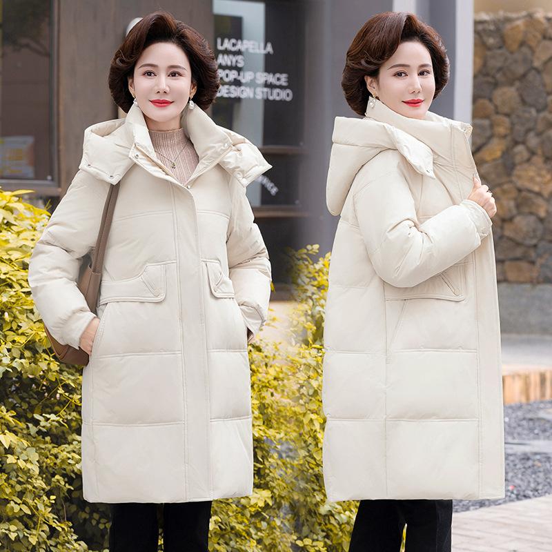 Down jacket women's medium and long winter new large size thickened loose middle-aged and elderly white duck down mother coat