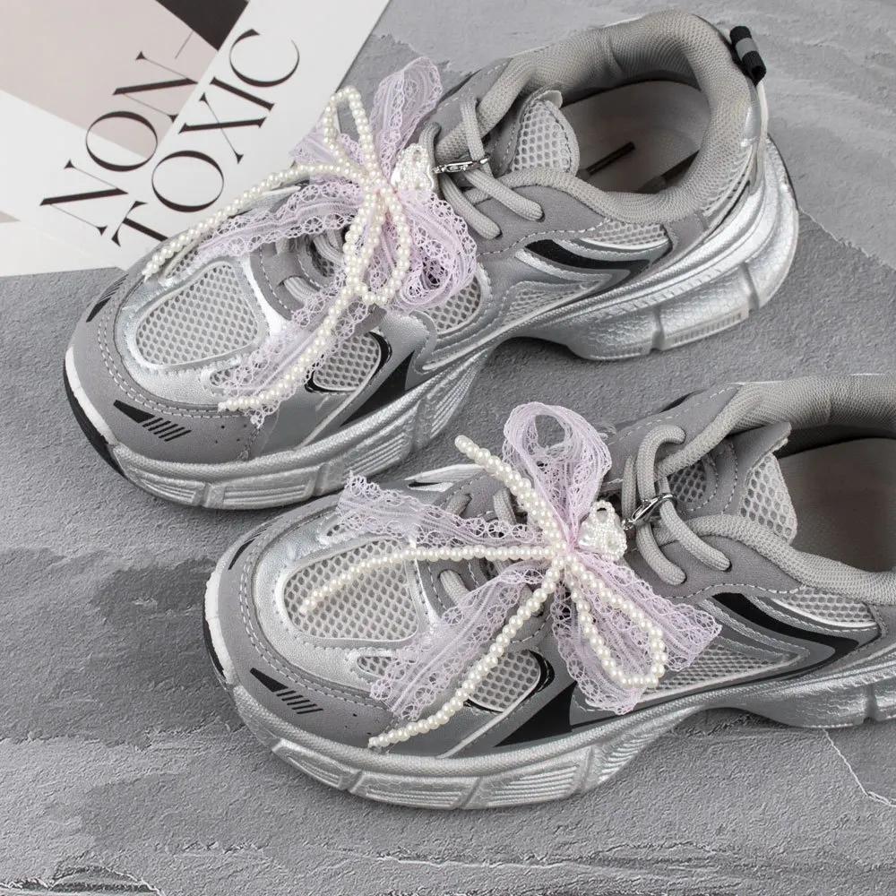 1Pcs Lace Pearl Bow Shoe Laces Charms for Sneakers Decorative Premium Decorative Shoelaces Charm Accessories Shoe Flower Buckle