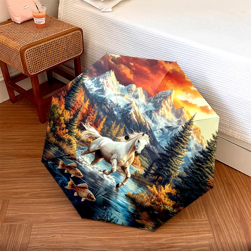 

1 PC Automatic Folding Umbrella - Magical Horse Pattern, Portable & Foldable Design with 8 Ribs, Christmas Birthday Gifts