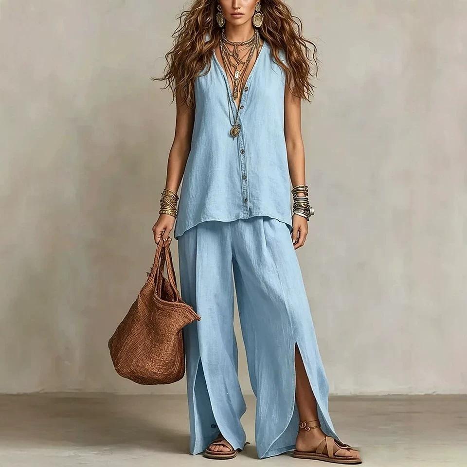 Women's Loose Fit Two Piece Pant Suit Sleeveless V Neck Linen Blend Shirt Split Wide Leg Trousers Vacation Matching Set