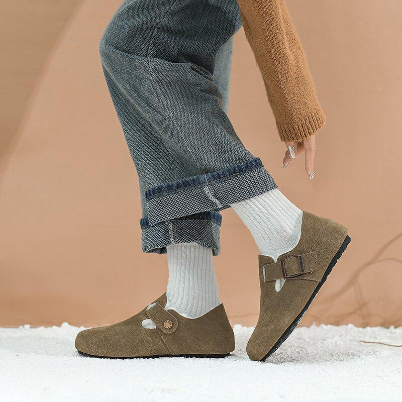 

Кожаные ретро всеохватывающие Birkenstocks для женской коллекции осень-зима 2025, новые бархатные Birkenstocks, ношение хлопковых туфель-однопедалок, одинарные туфли 35