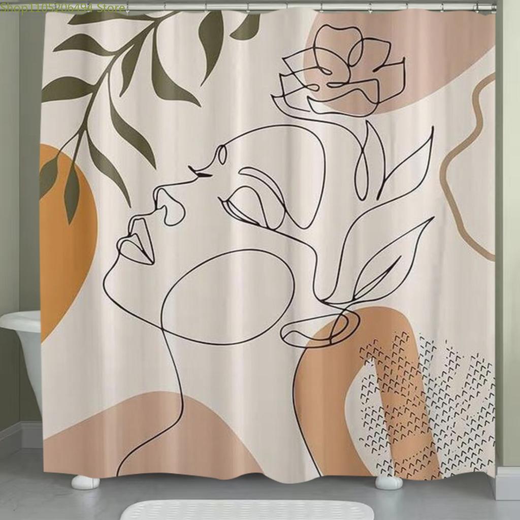 1pc Line Art and Botanical Elements Shower Curtain, Home Decor Printed Curtain, No Drill Bathroom Divider