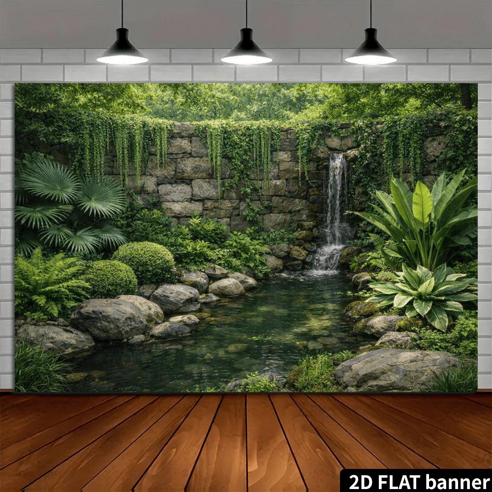 2D plane 1 piece of Zen-style garden waterfall background fabric - stone wall waterfall and green plant pattern