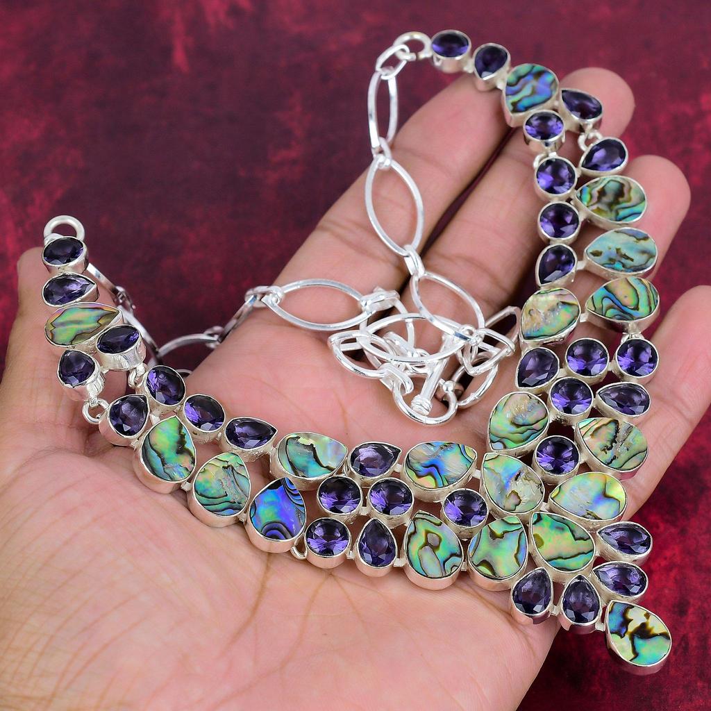 Abalone Shell, Amethyst 925 Solid Sterling Silver Necklace with Adjustable Chain, Handmade Gemstone Jewelry Necklace For Memorial Day